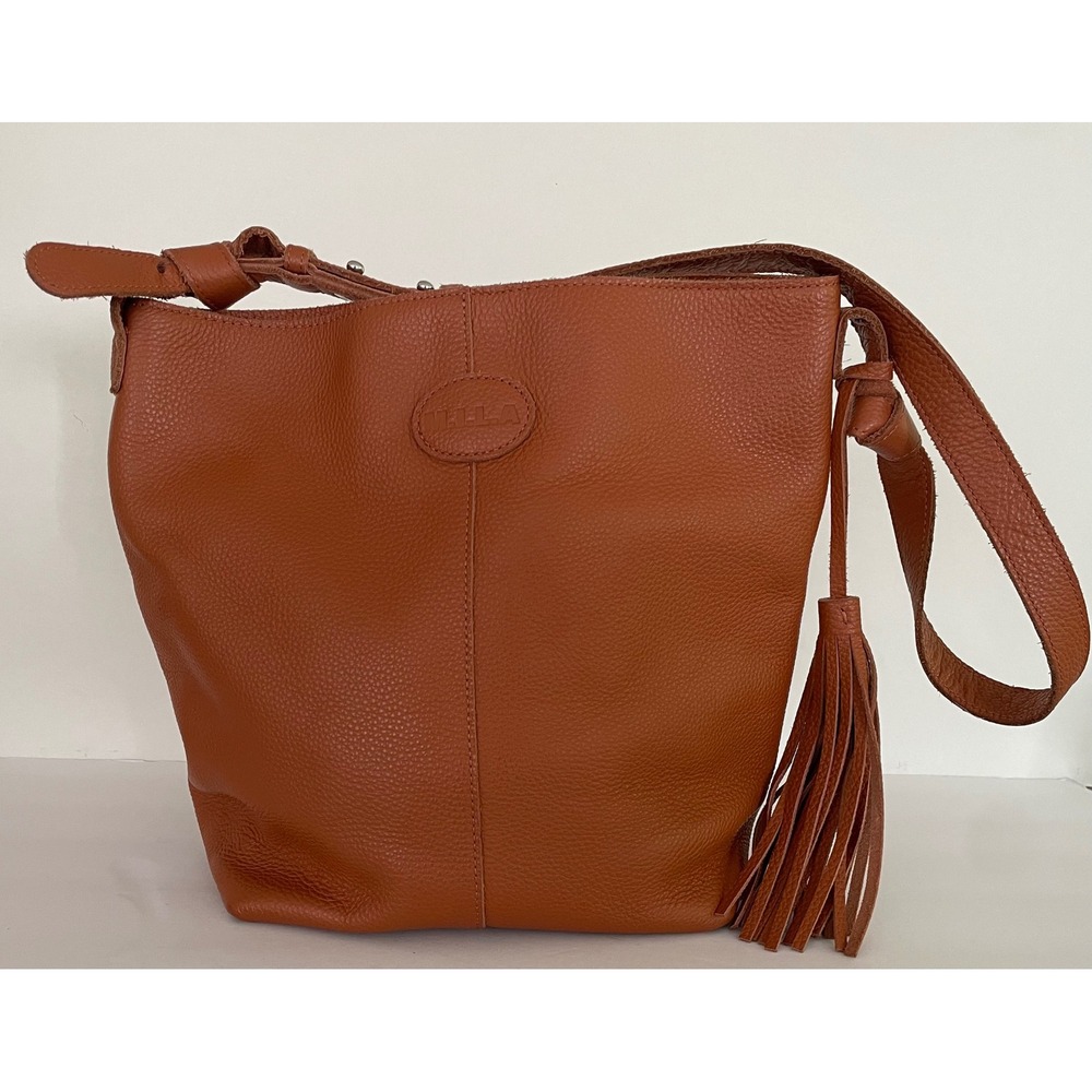 M.I.L.A Joanie Brown Pebbled Leather Tassel Bucket Shoulder Bag Boho Luxury